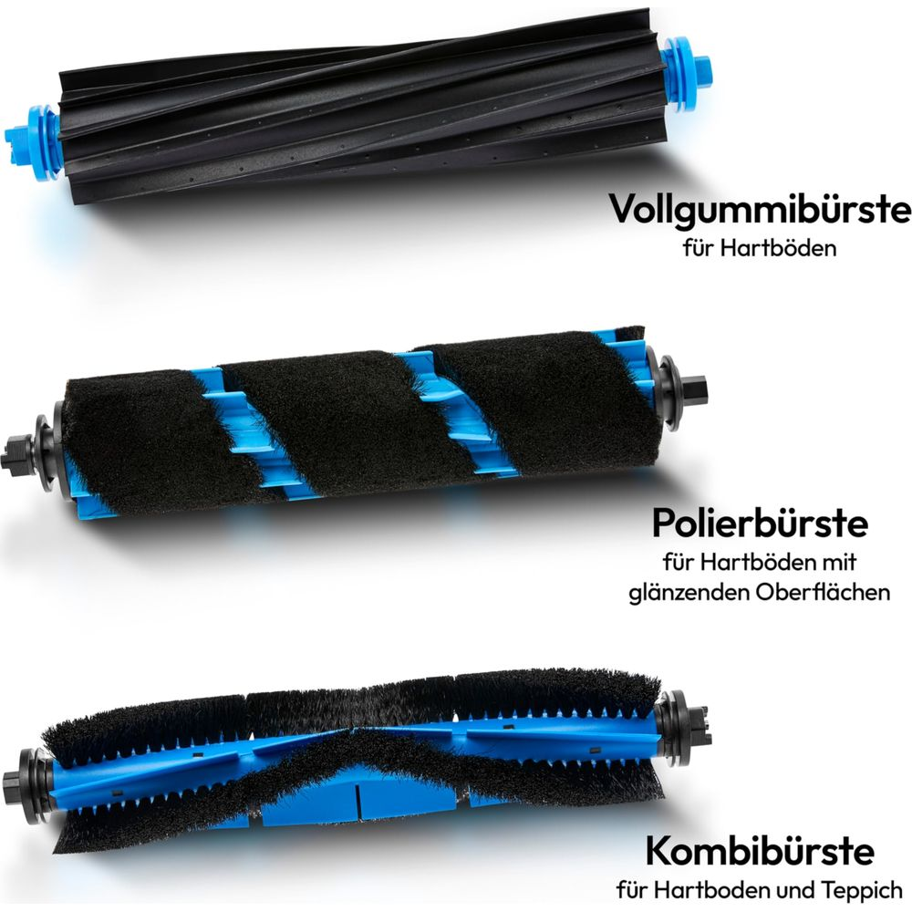 Drei Bürstenwalzen: Gummi, Polierbürste und Kombibürste.