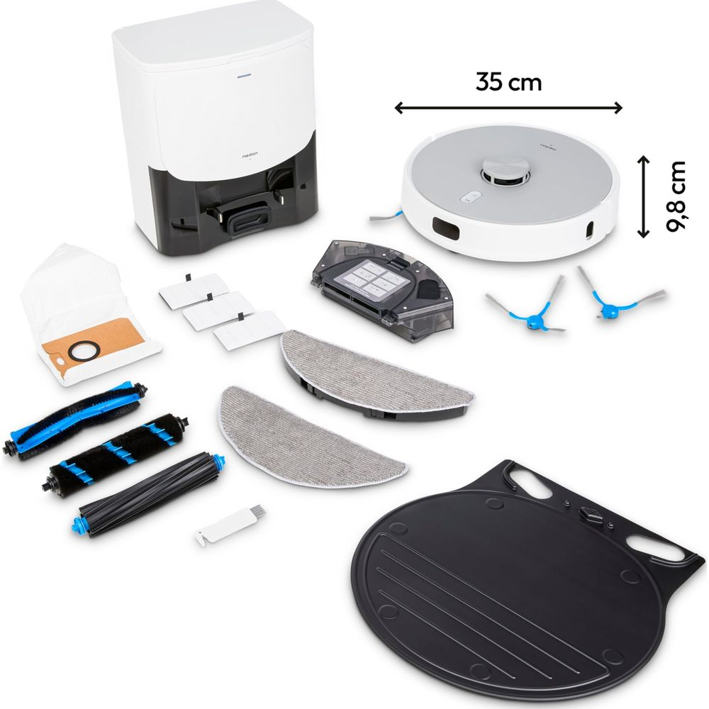 Ein Saugroboter-Kit mit Dockingstation, Roboter, Bürsten, Wischtüchern und Staubbeuteln.