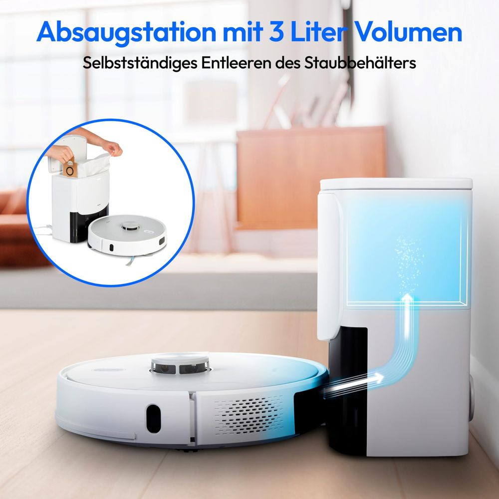 Ein weißer Saugroboter mit einer Ladestation auf einem Holzboden.