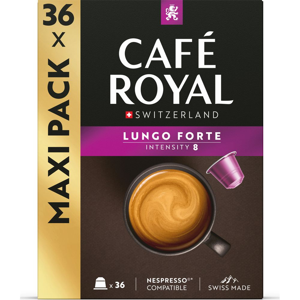 Confezione caffè Royal Lungo Forte, intensità 8, 36 capsule.