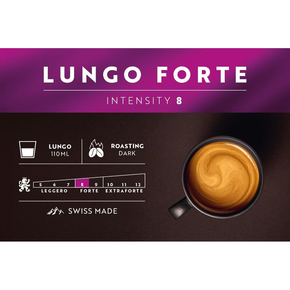 Caffè Lungo Forte: Intensità 8, tostatura scura, 110 ml. Prodotto in Svizzera.