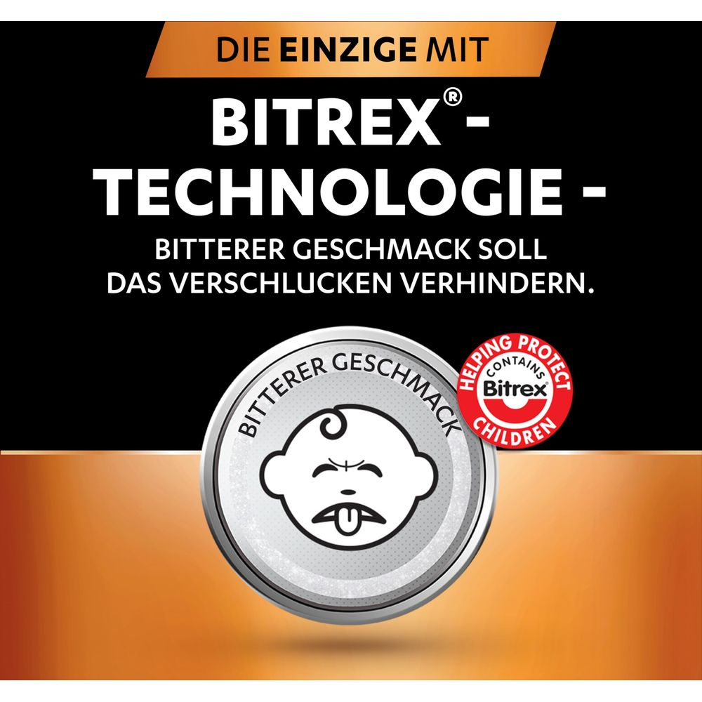 Technologia Bitrex: Gorzki smak zapobiegający połknięciu. Ikona dziecka.