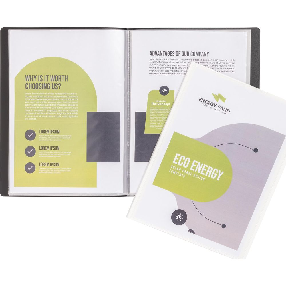 Otwarta broszura prezentujaca tekst i grafiki o zaletach firmy i "Eco Energy".