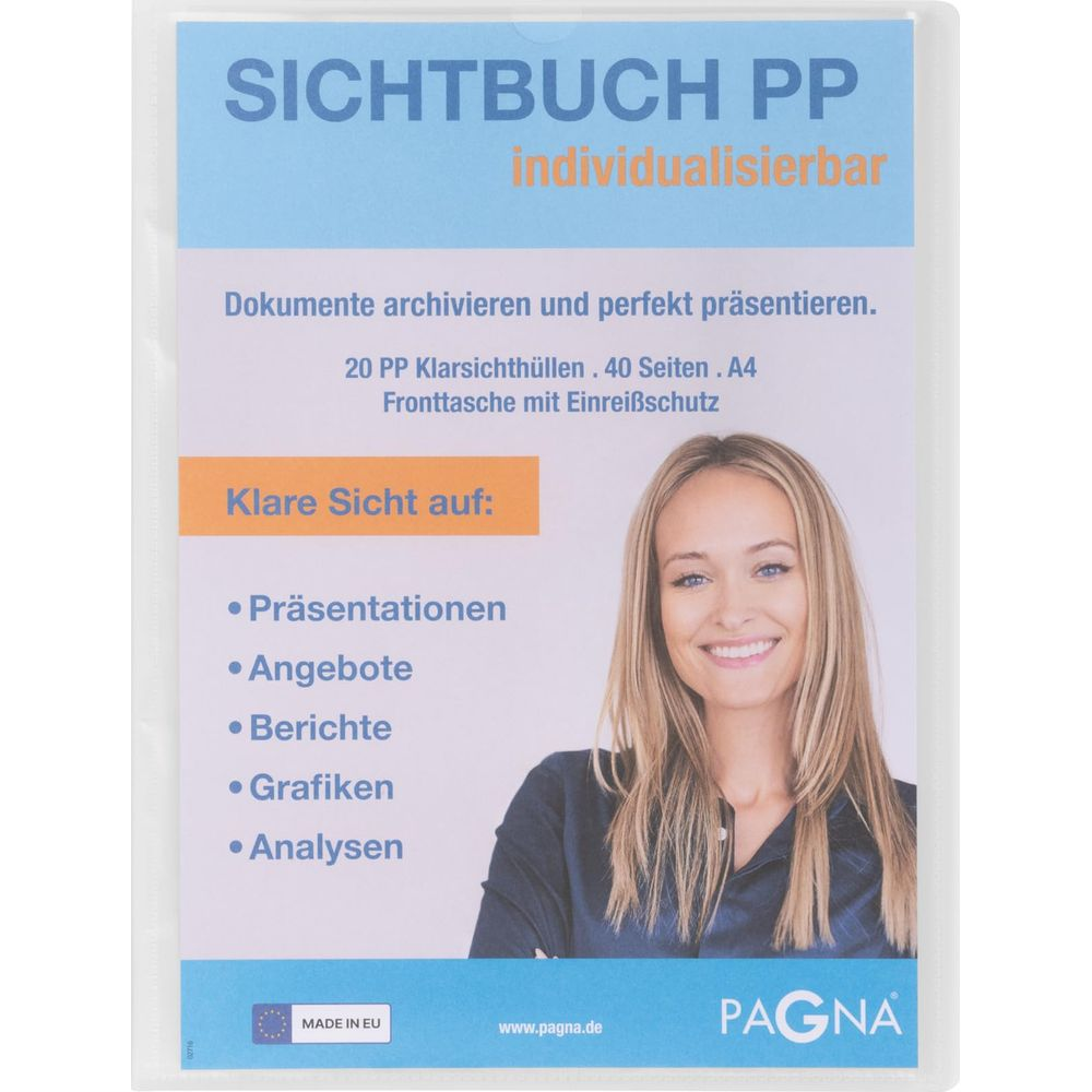 Uśmiechnięta kobieta na okładce produktu segregatora z przezroczystymi kieszeniami.