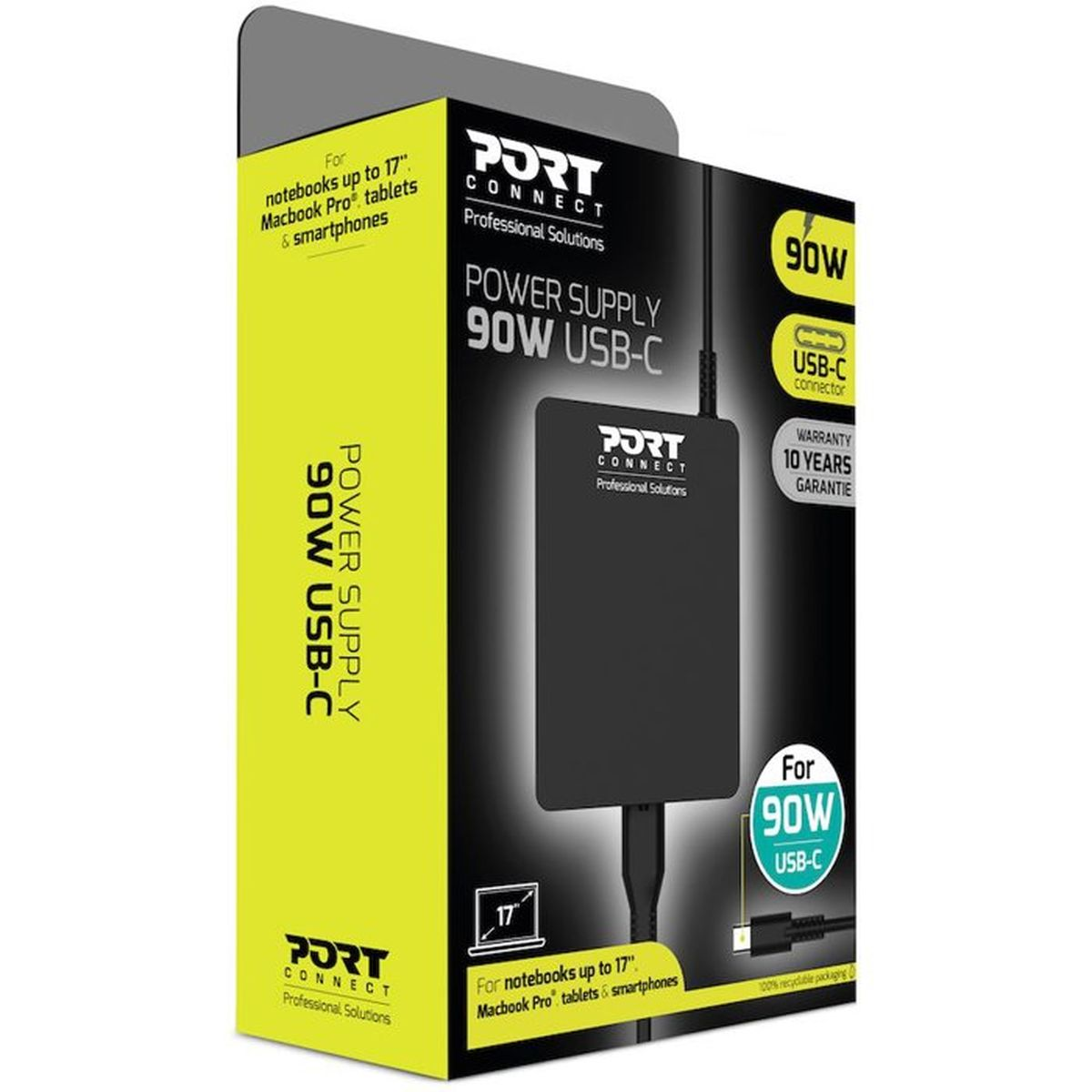 Czarny zasilacz 90W USB-C do laptopów do 17 cali.