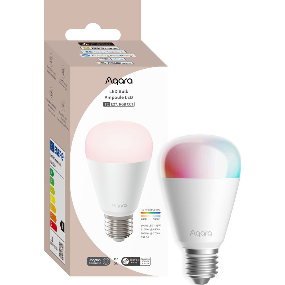 Bombilla LED Aqara T2 E27 RGB CCT en embalaje y bombilla con degradado.