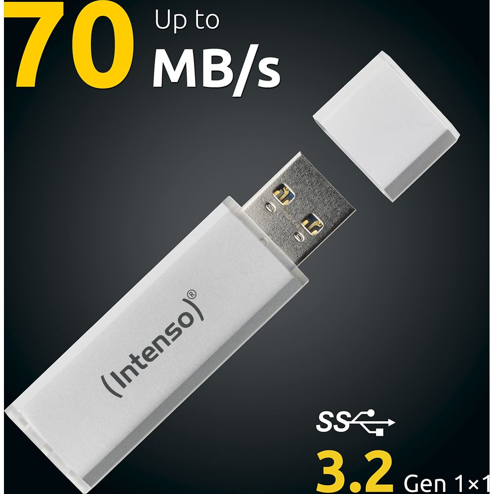 A white USB stick with cap, 70 MB/s, USB 3.2.