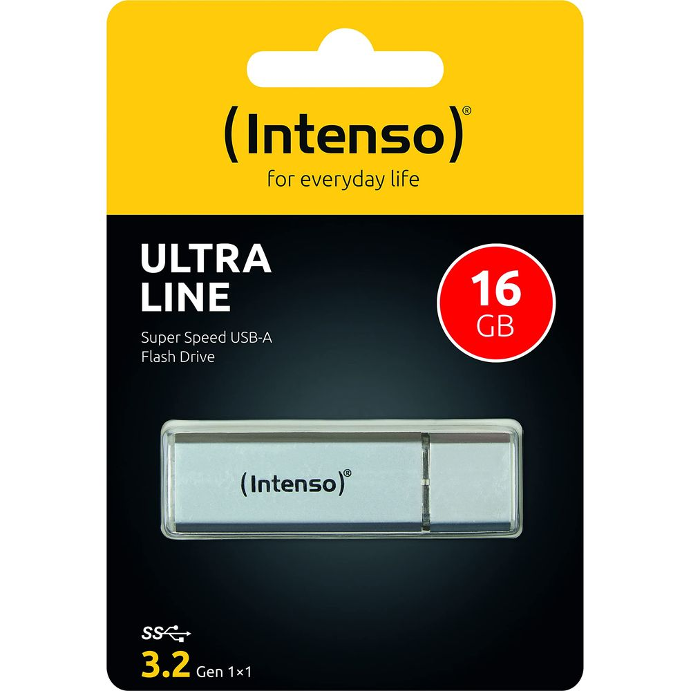 Intenso Ultra Line 16GB USB-A Flash Drive, silver, with branding and text.