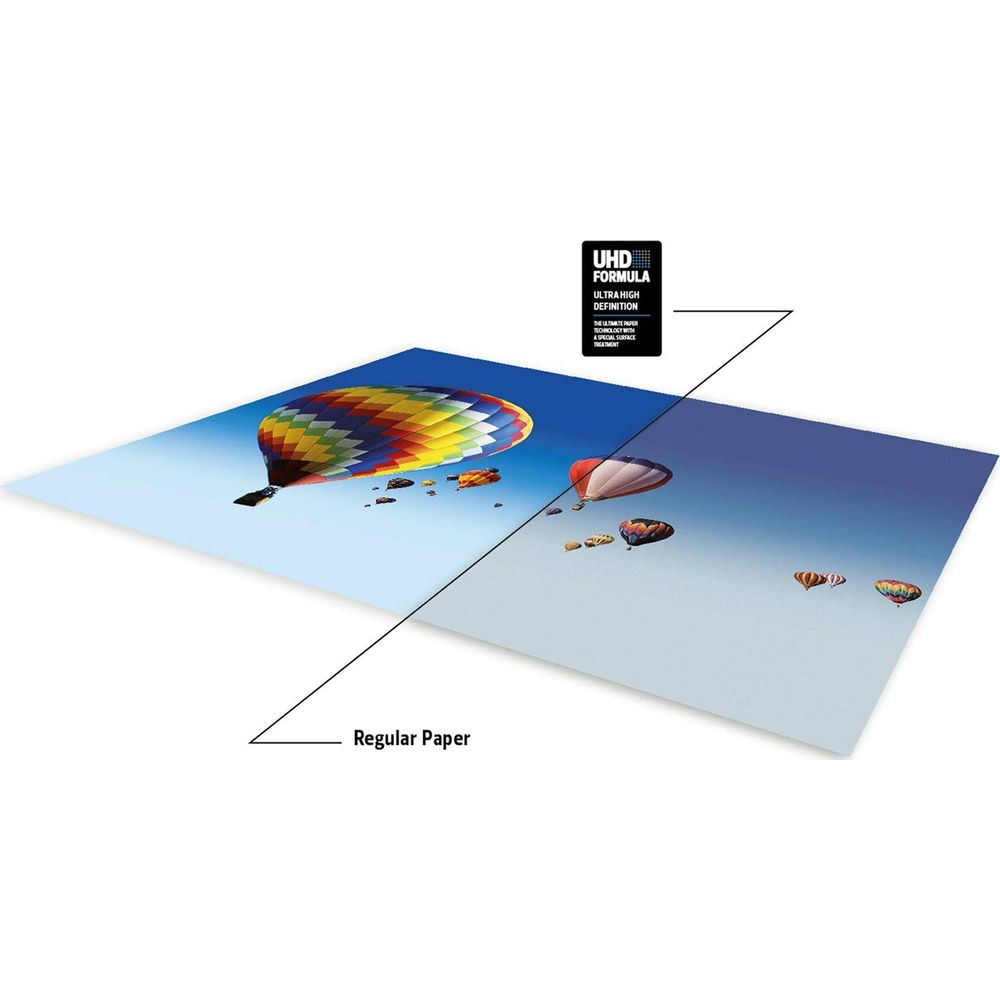 Balony unoszą się na niebieskim niebie, porównując papier formuły UHD z papierem zwykłym.