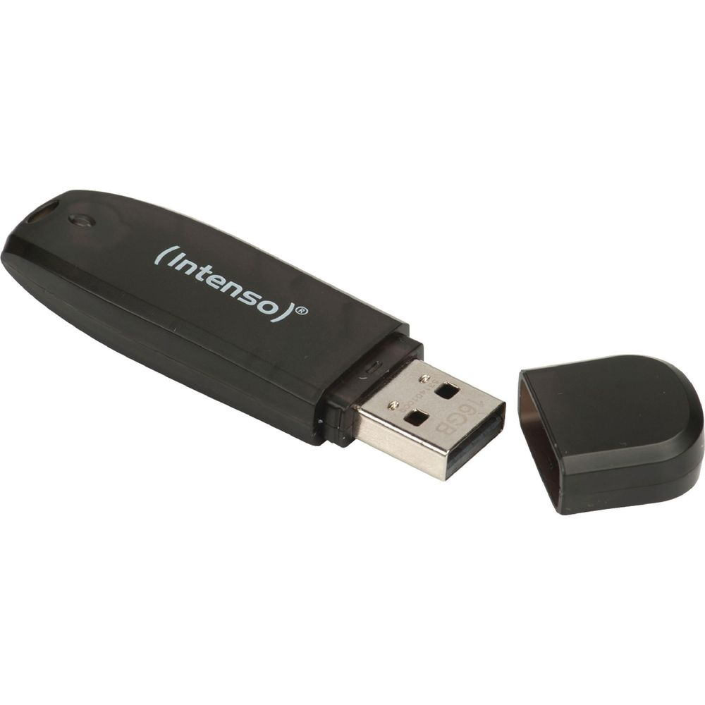 Zwarte Intenso 16GB USB-stick met dop ernaast.