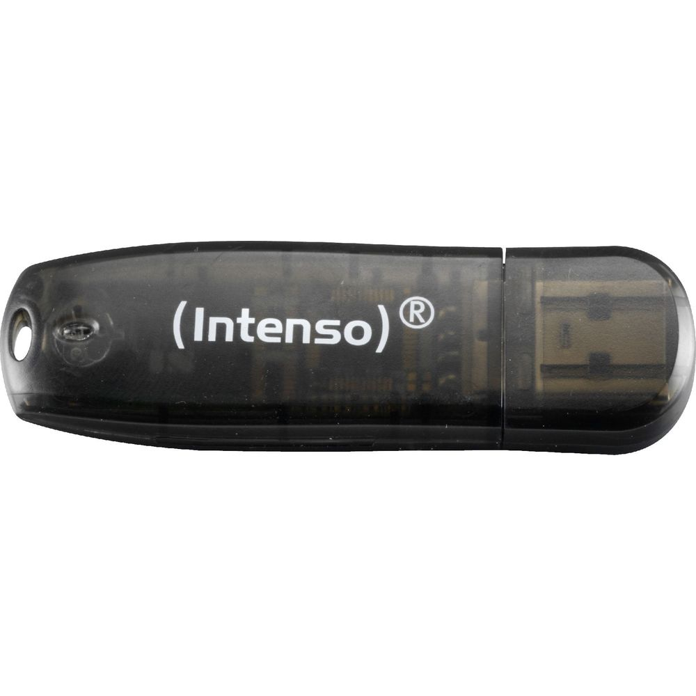 Een zwarte USB-stick met de tekst '(Intenso)®'.