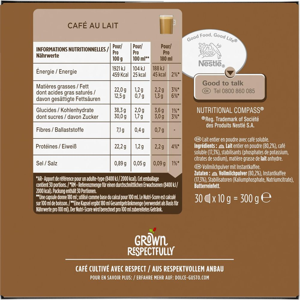 Verpackung von Nescafé Café au Lait mit Nährwertangaben und Zutaten.