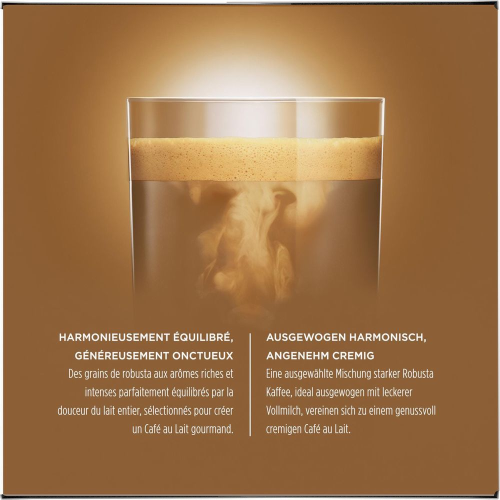 Ein Glas Kaffee mit Milchschaum, daneben Text über ausgewogenen Genuss.