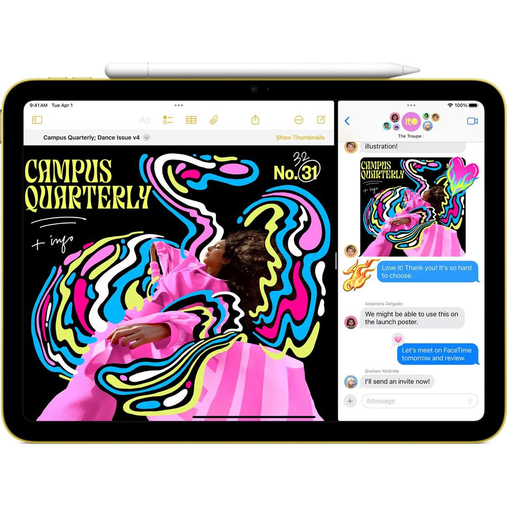 Tablet wyświetla magazyn i aplikację czatu z kolorową grafiką i tekstem.