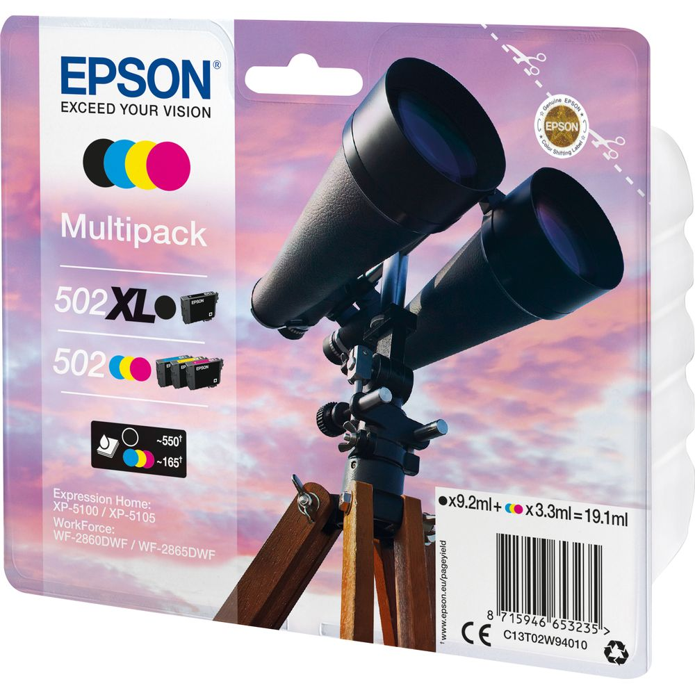 Wielopak tuszy Epson 502 XL z tłem teleskopu.