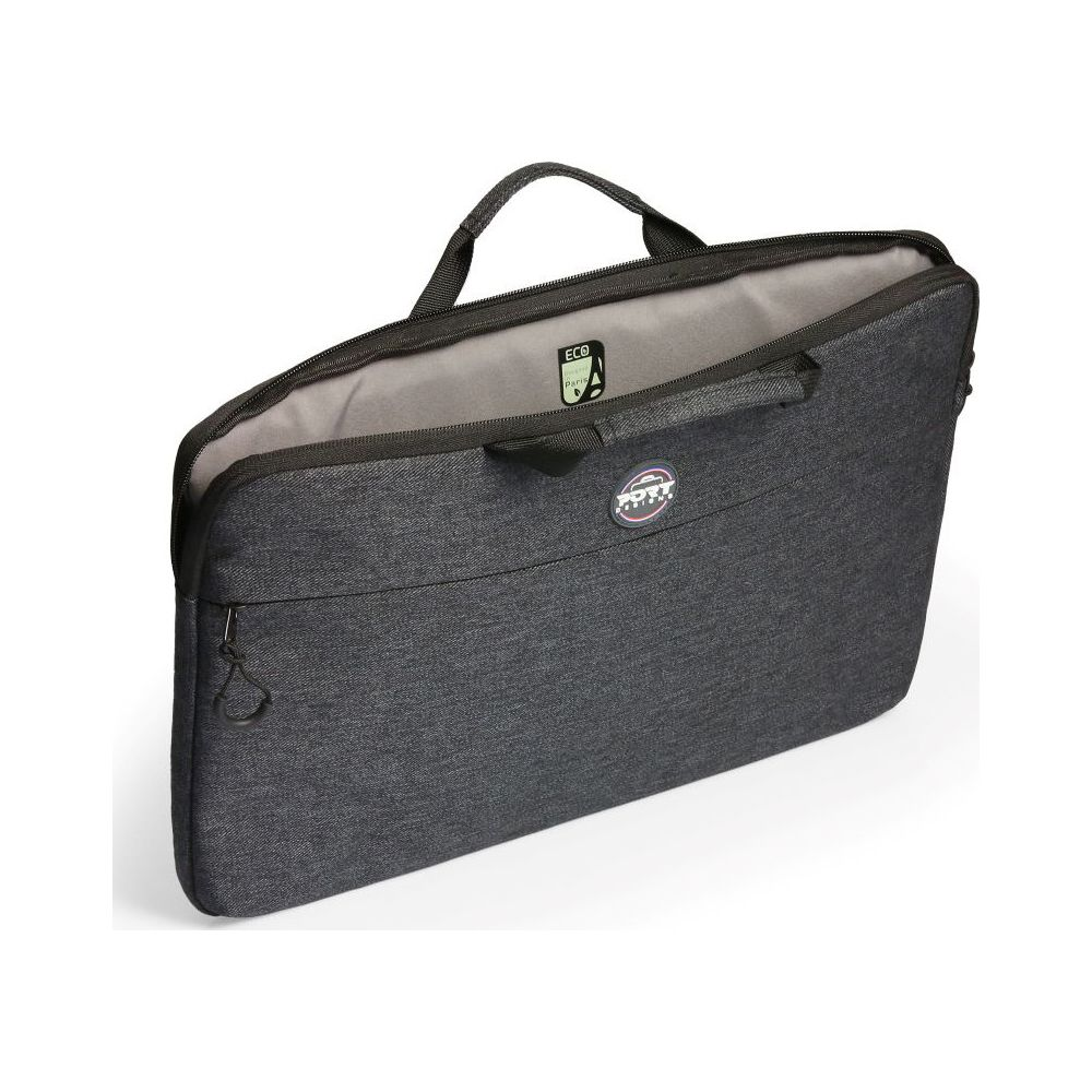 Borsa per laptop grigio scuro con manici, aperta.
