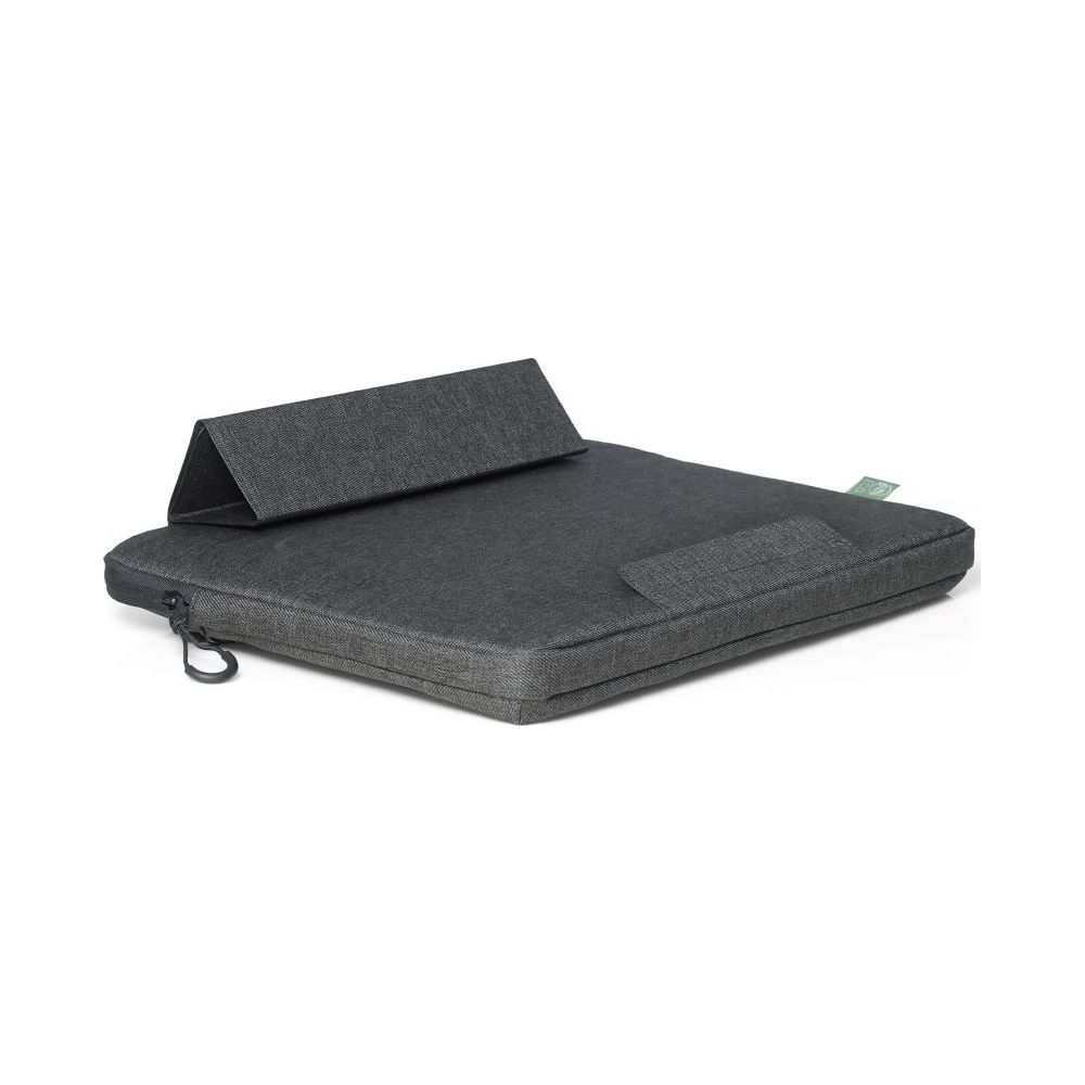 Cuscino porta laptop grigio scuro con supporto integrato e zip.