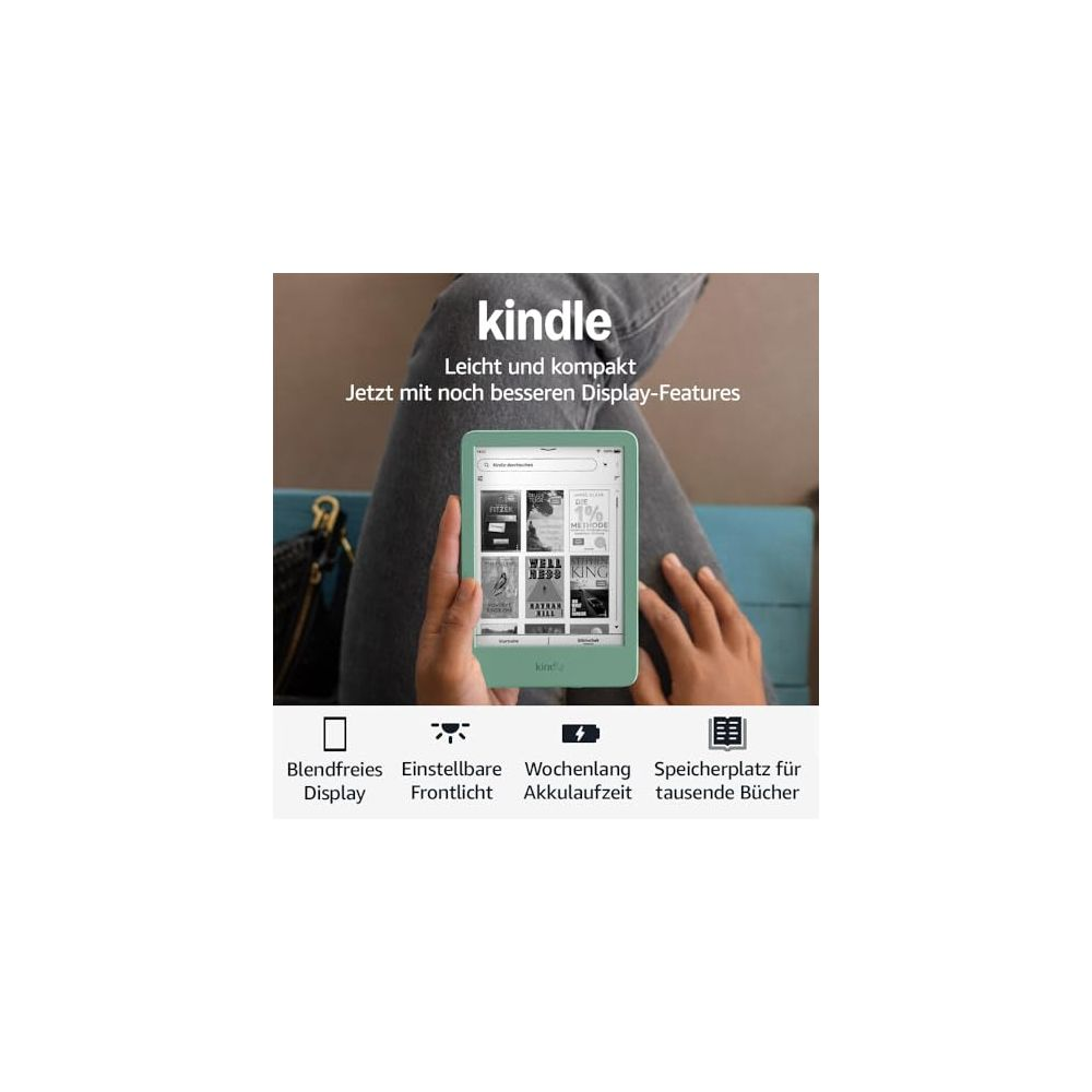 Zielony czytnik Kindle z okładkami książek na ekranie, trzymany przez ręce.