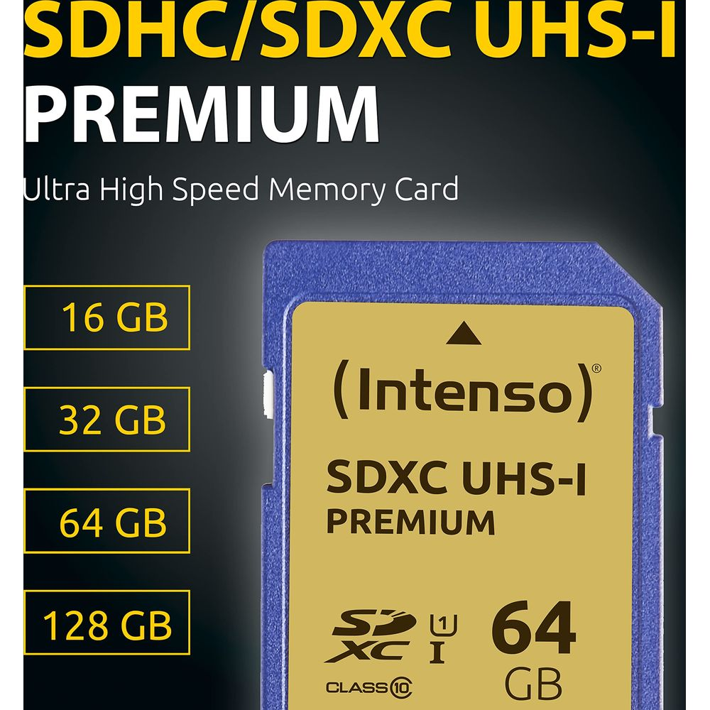 Eine blaue Intenso SDXC UHS-I Premium Speicherkarte mit 64 GB Kapazität.