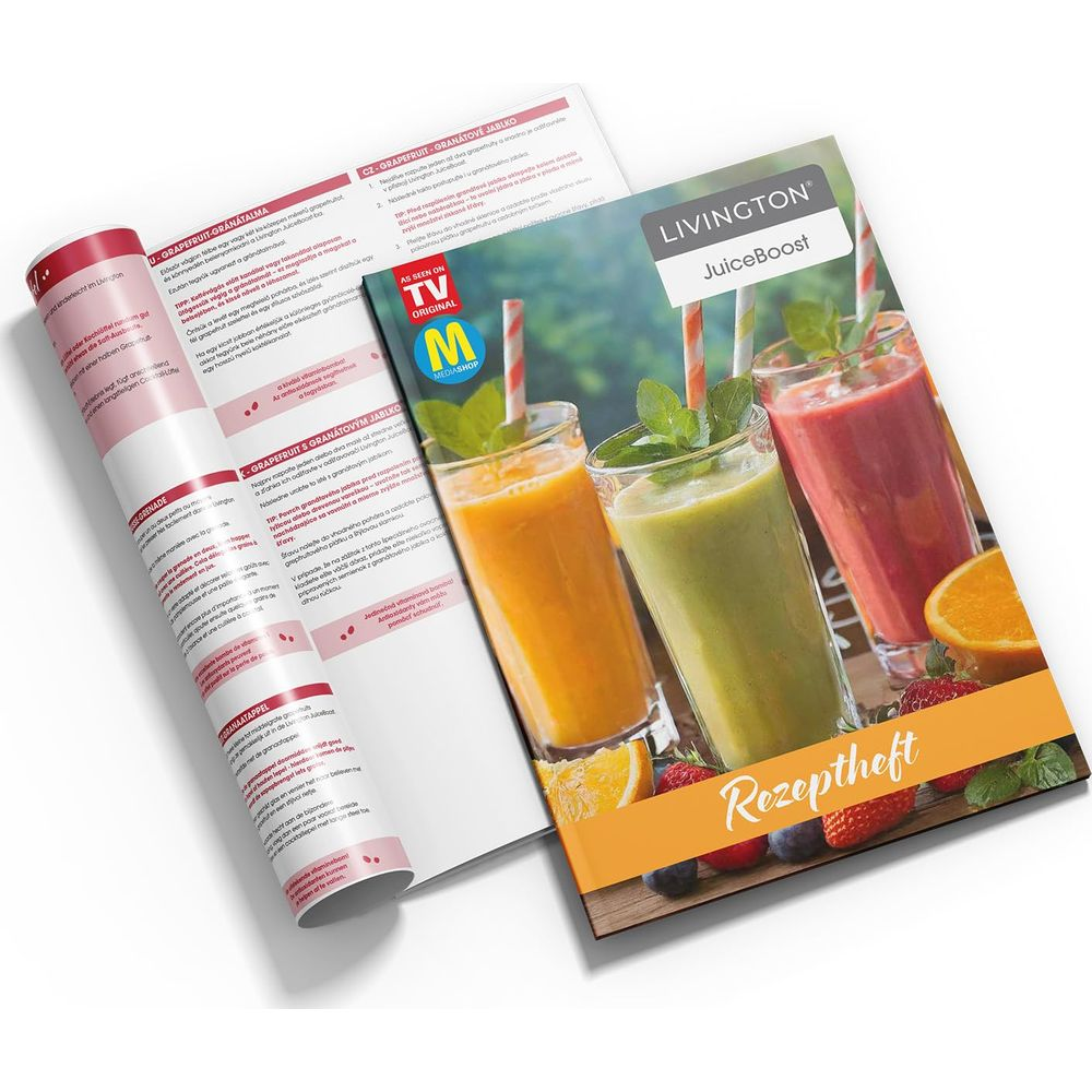 Drei bunte Smoothies, Orangen, Beeren und ein Rezeptheft.