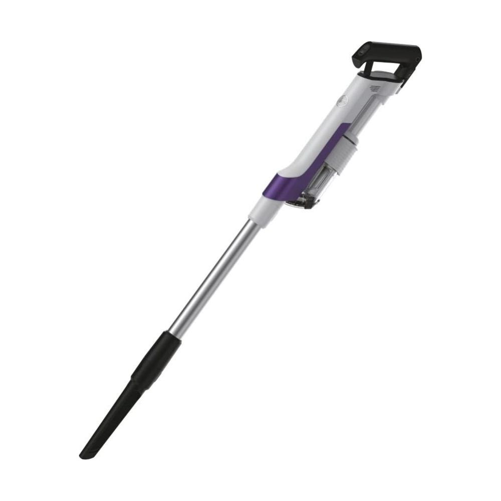 Un aspirapolvere portatile leggero, bianco e viola con tubo argentato.
