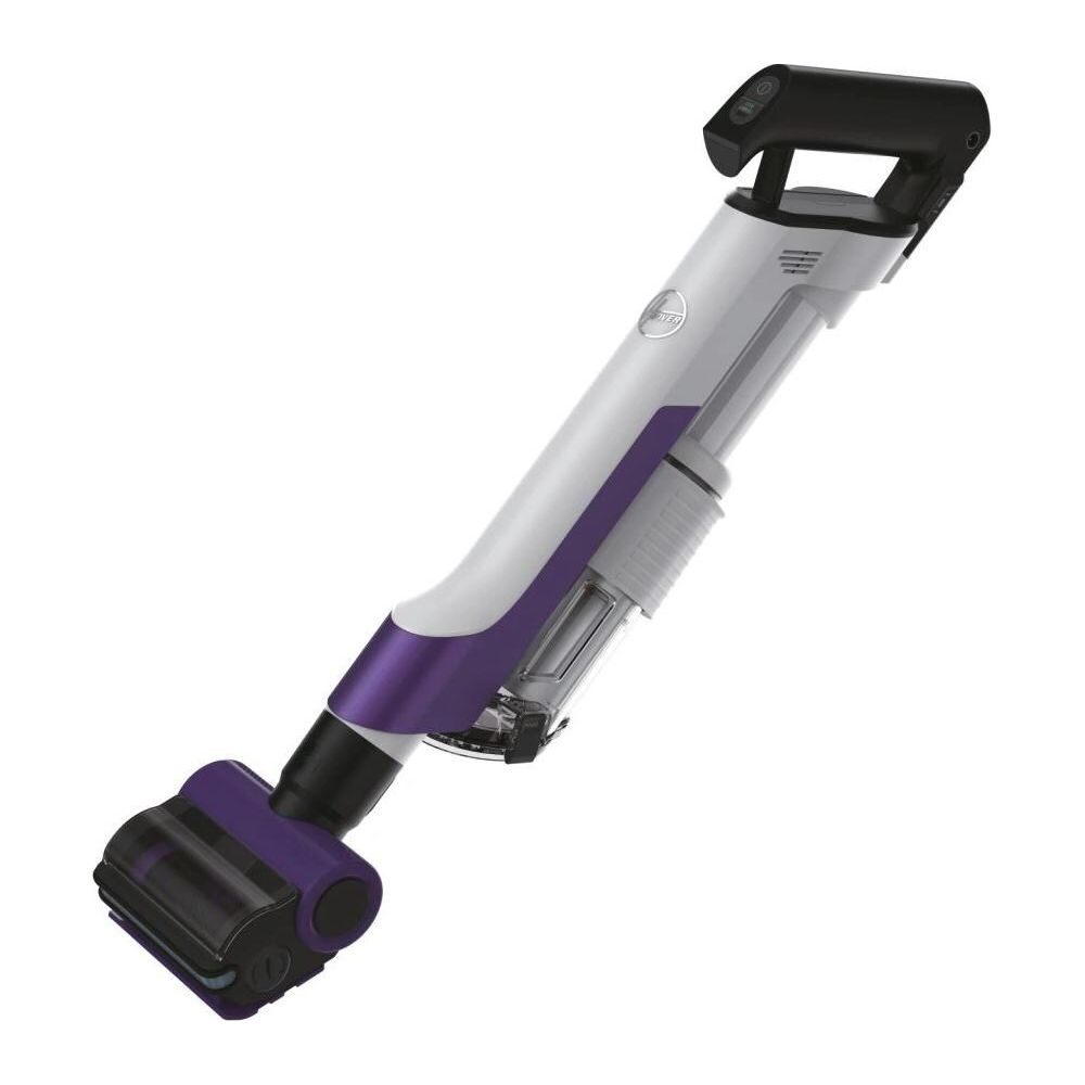 Un aspirapolvere senza fili viola e bianco con manico nero, su sfondo bianco.