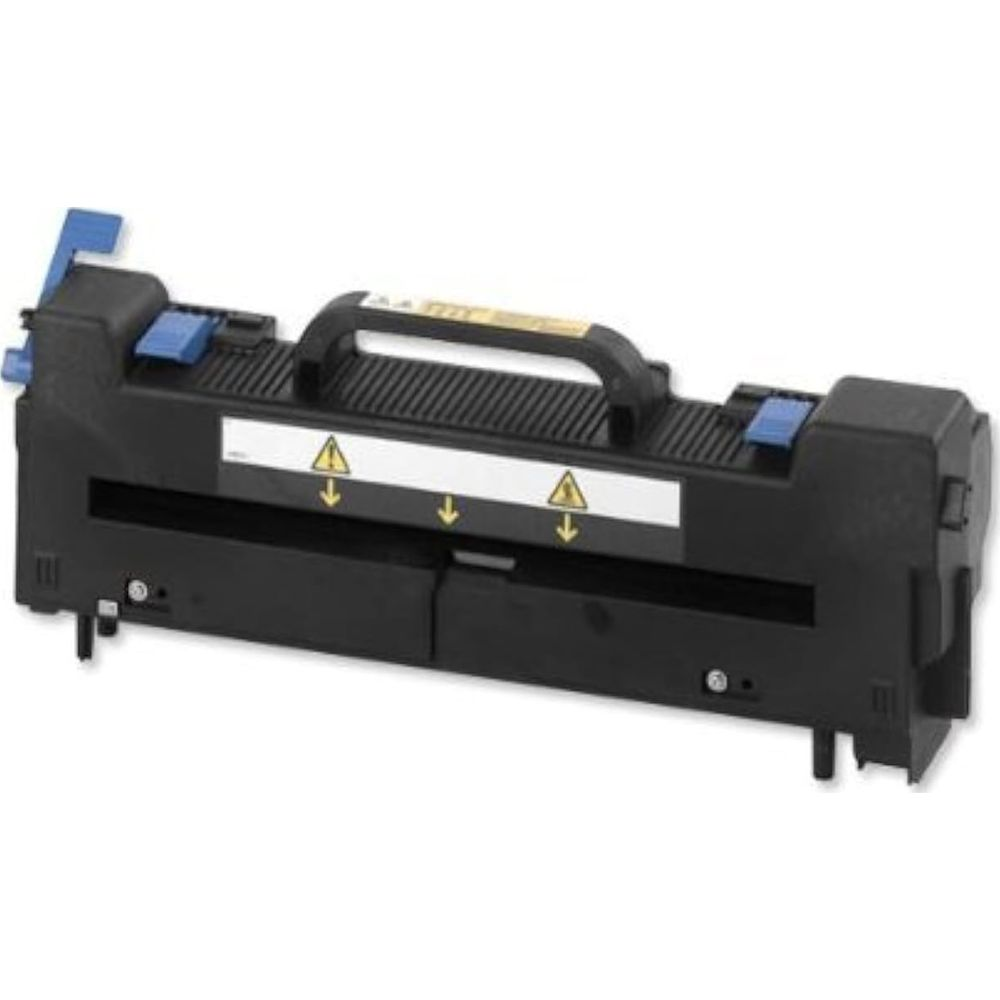 Cartuccia toner nera con manico e simboli di avvertenza.