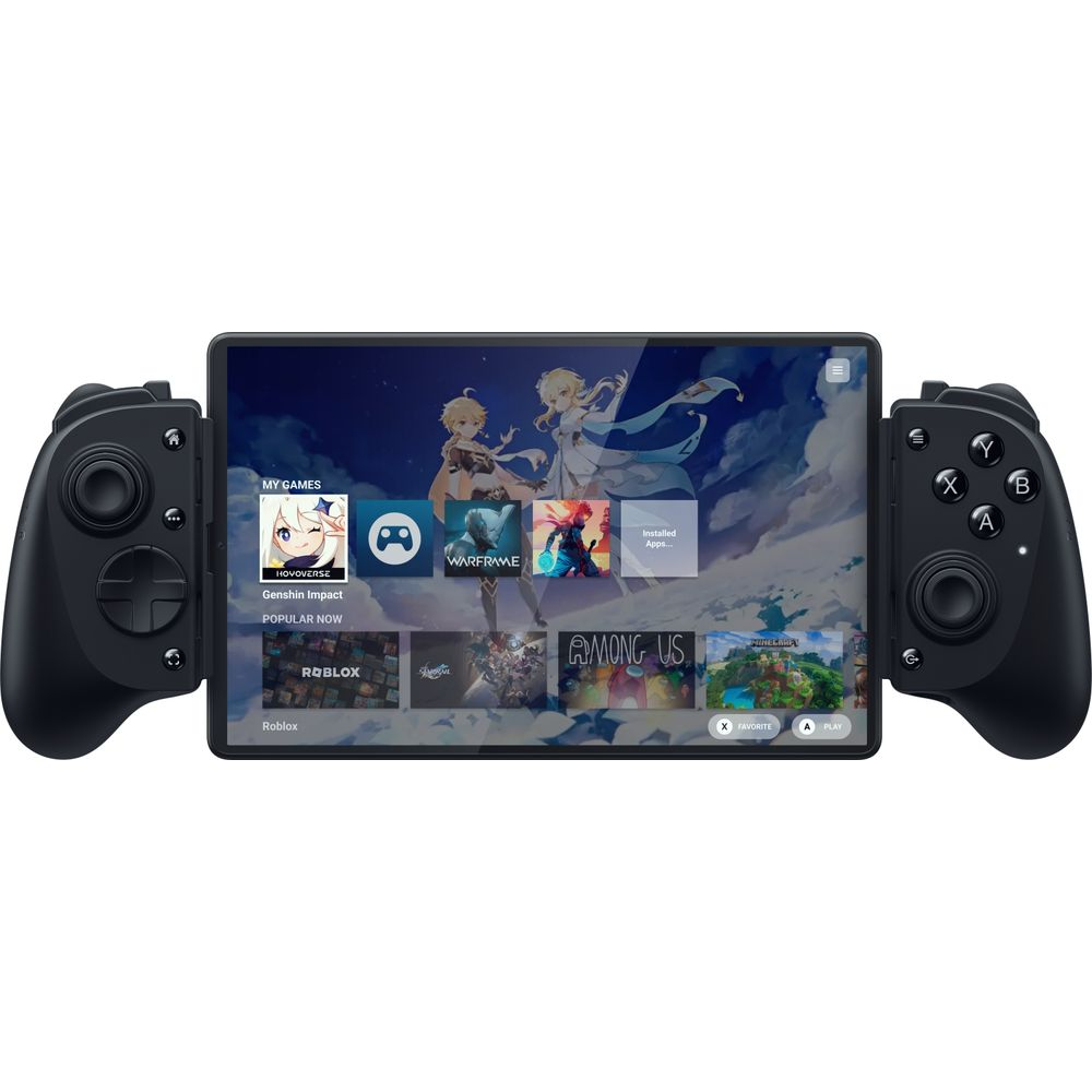 Takılı oyun kumandalarına sahip bir tablet, Genshin Impact ve Warframe gibi oyunları gösterir.