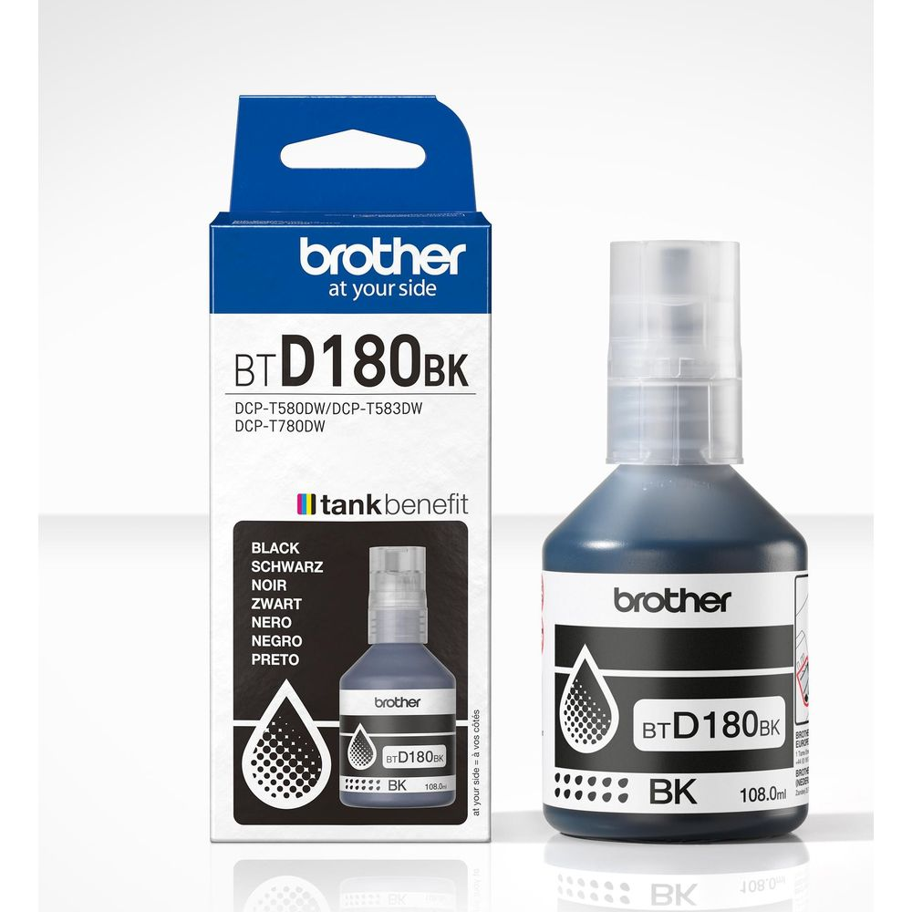 Czarny zbiornik z tuszem Brother BTD180BK i opakowanie.