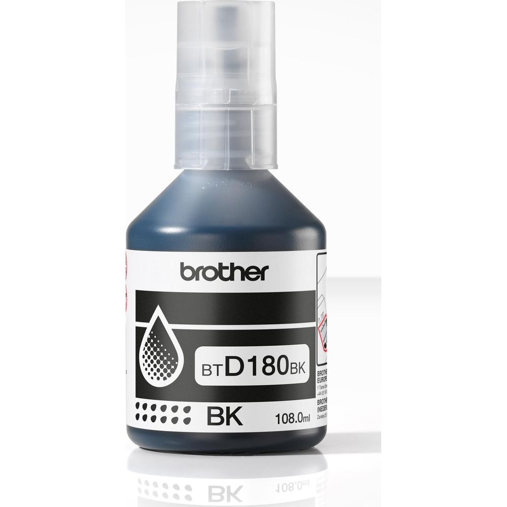 Czarna butelka z tuszem Brother z etykietą BT D180 BK.