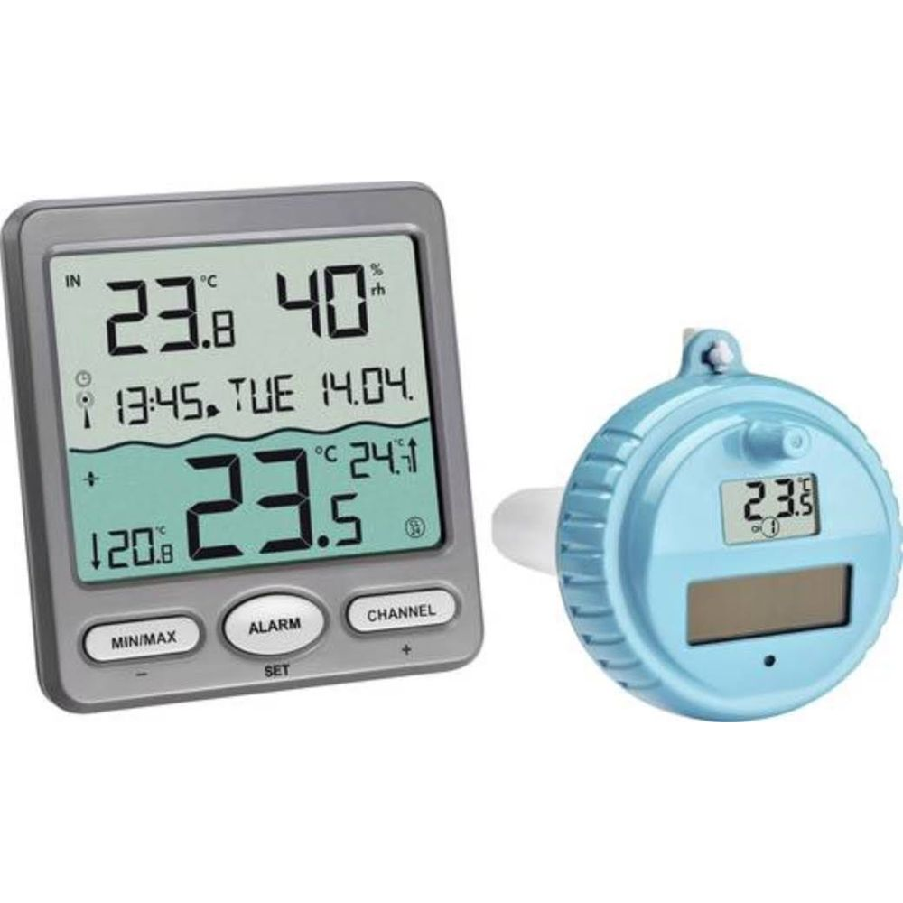 Ein graues Digitalthermometer und ein blaues Thermometer mit Display.