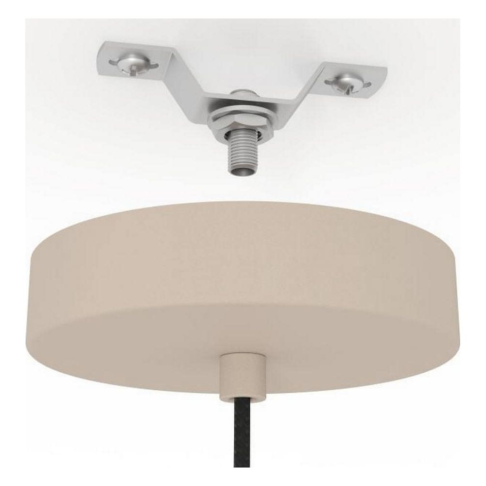 Plafondbevestiging met schroefdraad en een crèmekleurige kap met kabel.