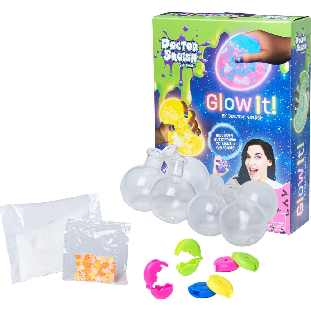 Doctor Squish Glow it! Bausatz mit Fläschchen, Sternen und Werkzeugen.