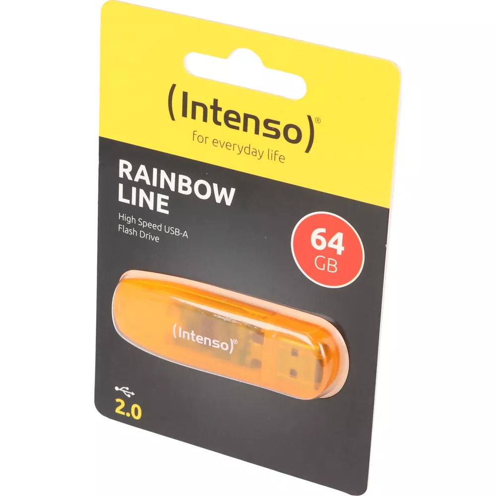 Pomarańczowy pendrive Intenso Rainbow Line 64 GB USB-A w opakowaniu.