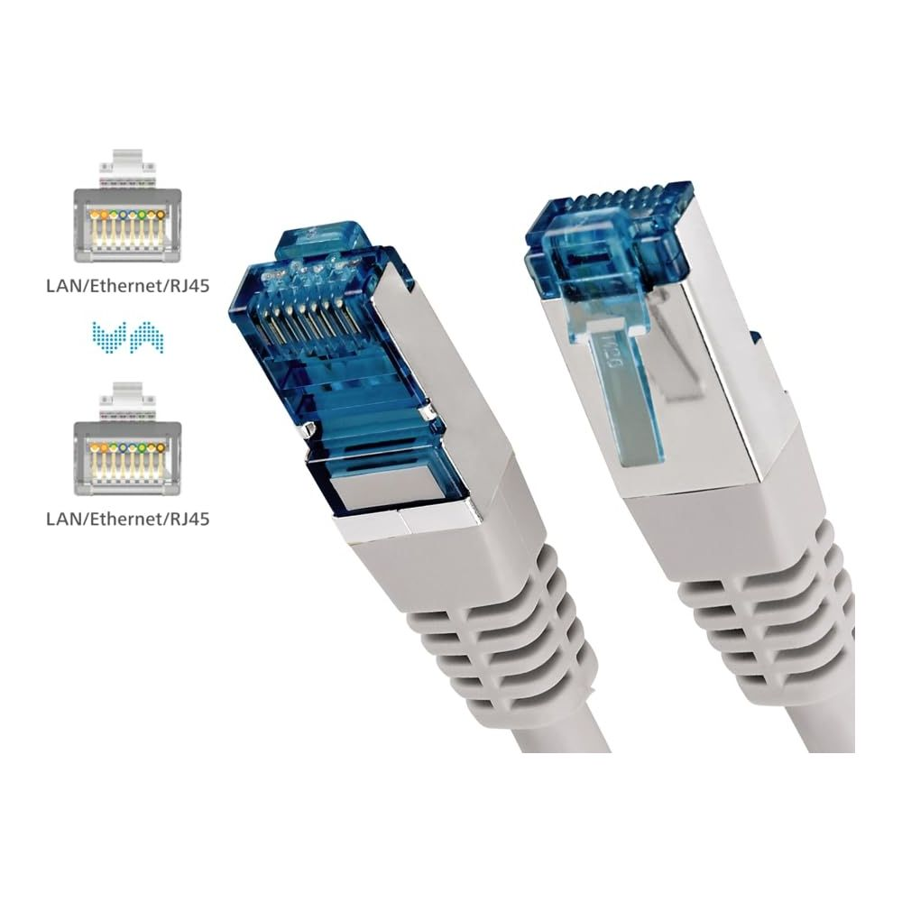 Zwei RJ45-Ethernet-Steckverbinder mit blauen transluzenten Oberteilen und grauen Kabeln.