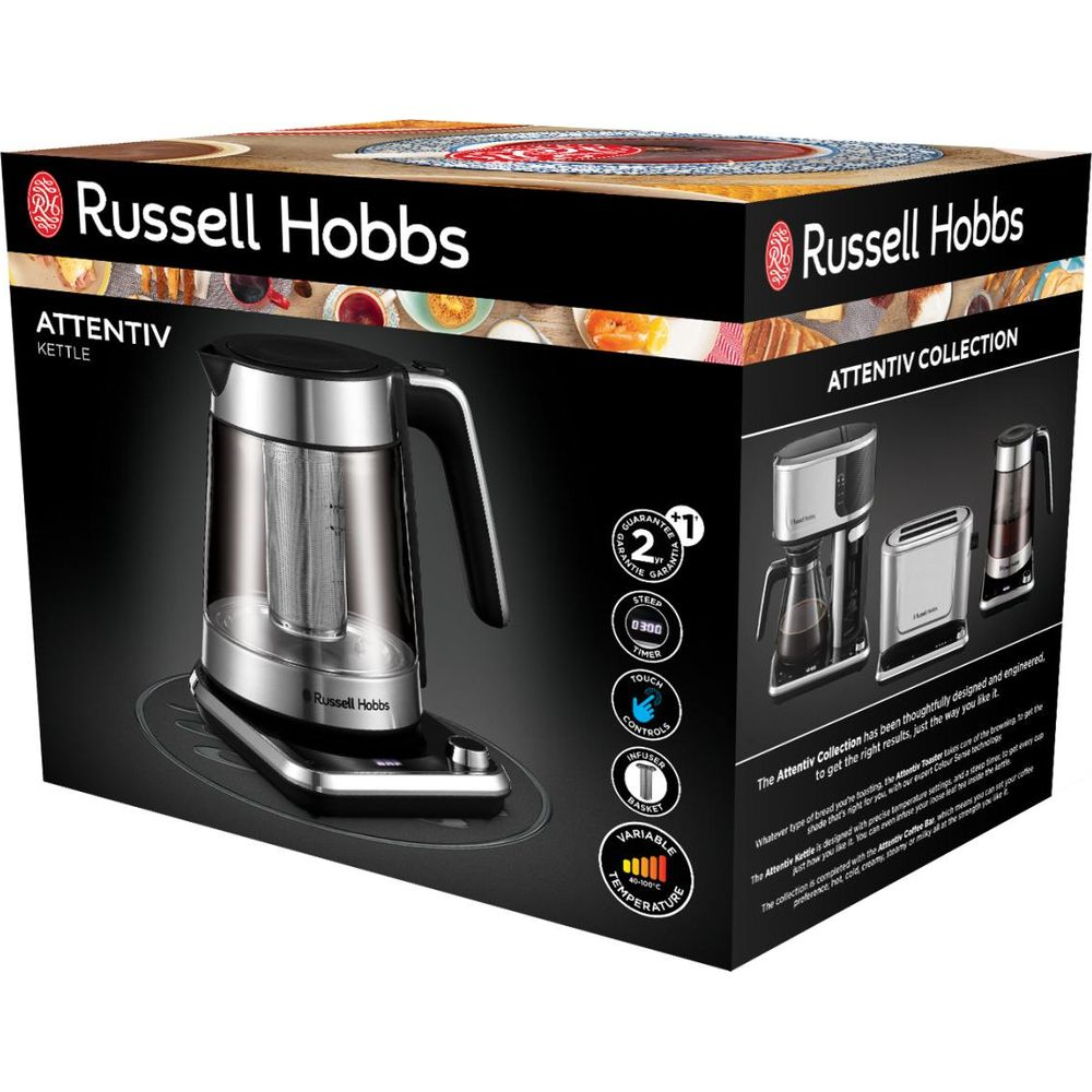 Bouilloire Russell Hobbs Attentiv avec température variable et panier infuseur.