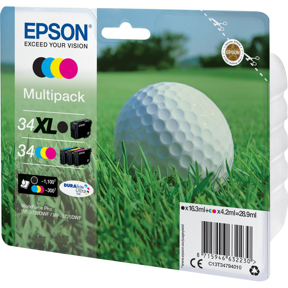 Multipack Epson z piłką golfową na trawie. Zawiera wkłady 34XL i 34.