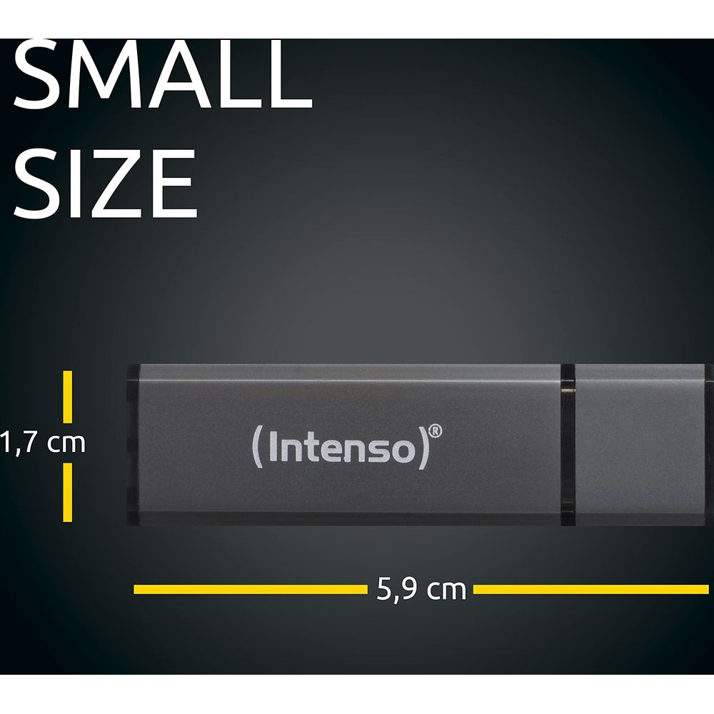 Mały, szary pendrive o wymiarach 1,7 x 5,9 cm.