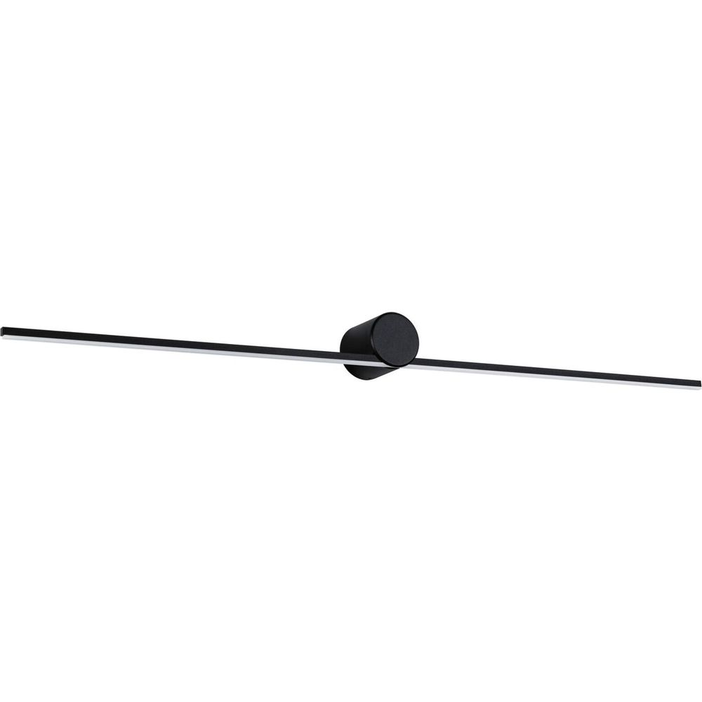 Schwarze Lampe mit einem zylindrischen Mittelstück und linearem Licht.