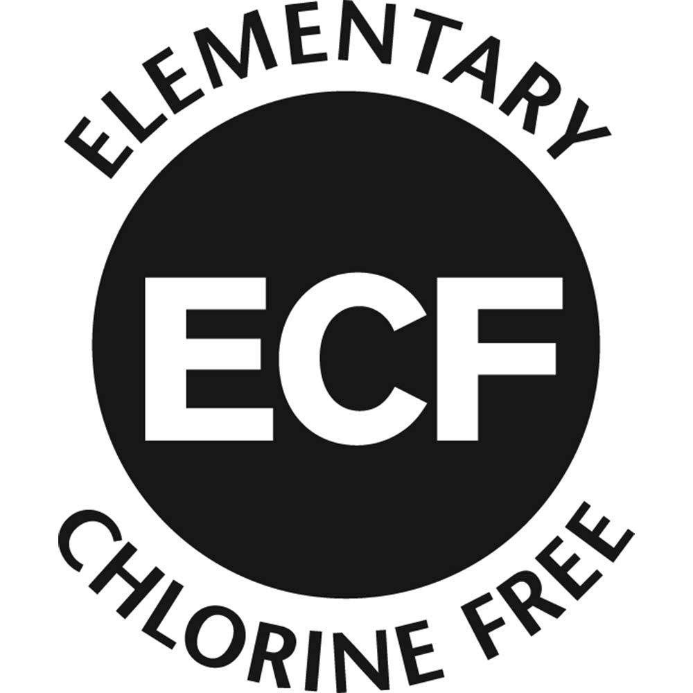 ECF: Elementar, chlorfrei. Schwarz-weißer Kreis mit Text.