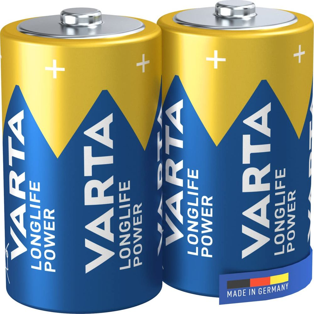 Dos pilas Varta, amarillas y azules, con etiqueta "Made in Germany".