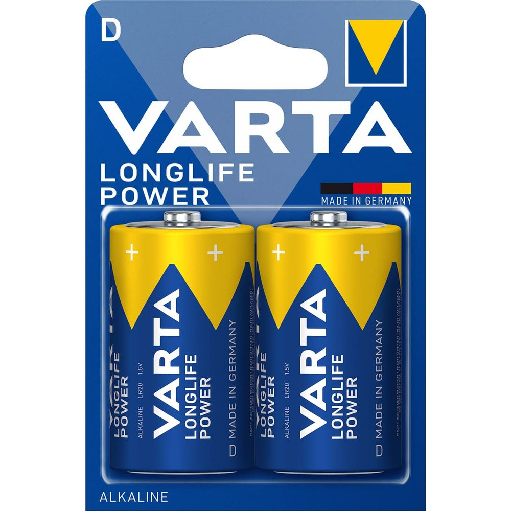 Dos pilas Varta D en blíster con diseño azul y amarillo.