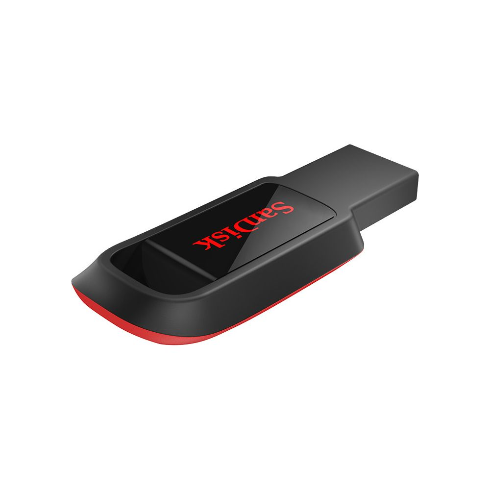 Un'unità USB SanDisk nera con accenti rossi poggia su sfondo bianco.