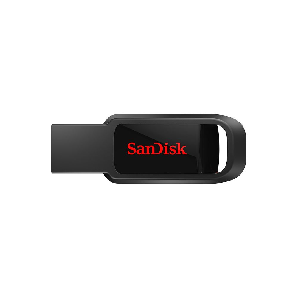 Pen drive USB SanDisk nero con logo rosso su sfondo bianco.