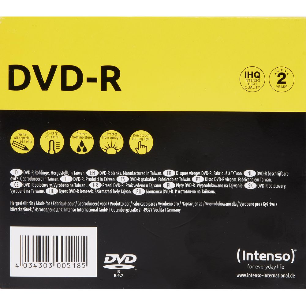 Płyty DVD-R z instrukcjami obsługi i przechowywania. Logo Intenso.