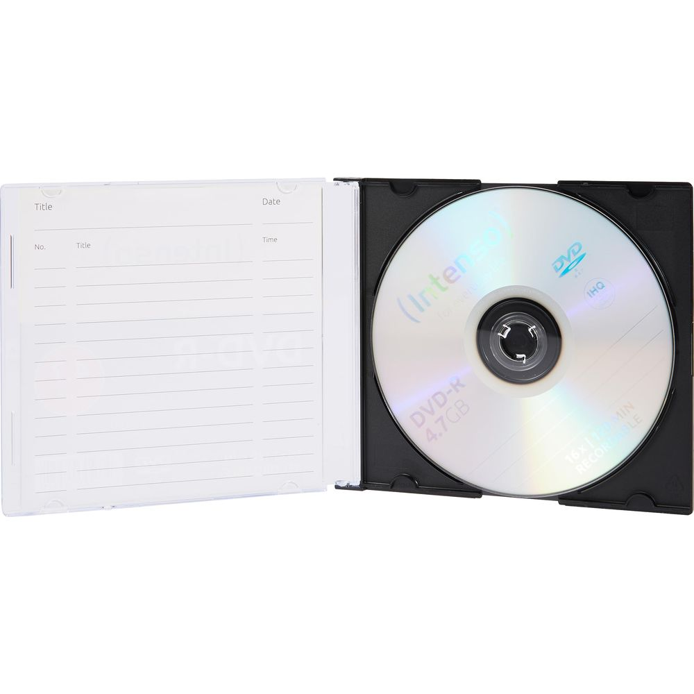 Otwarta wytłoczka na DVD z srebrnym dyskiem DVD-R i pustą stroną na notatki.