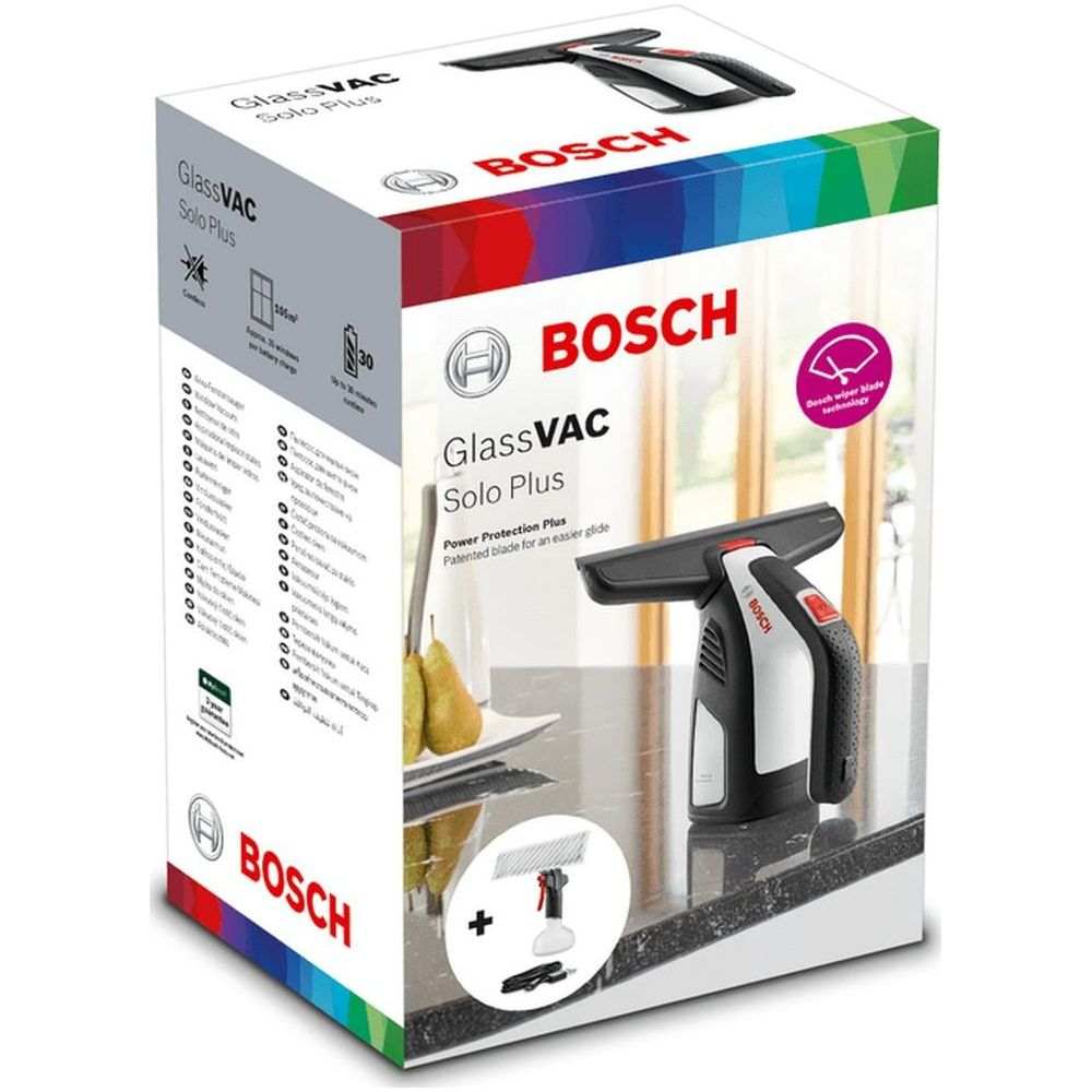 Caja del limpiacristales Bosch GlassVAC Solo Plus con accesorios.