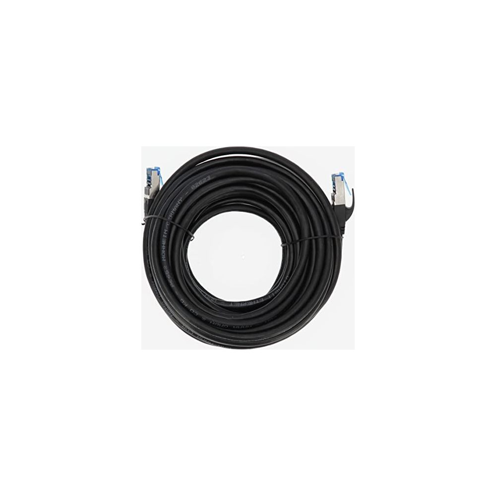 Czarny kabel Ethernet zwinięty z niebieskimi złączami.