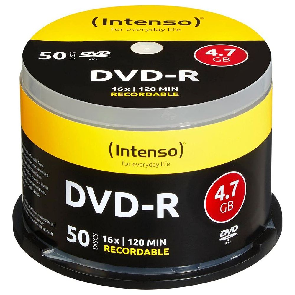 Boîtier Intenso DVD-R 50 Disques, noir/jaune avec 4,7 Go de capacité.