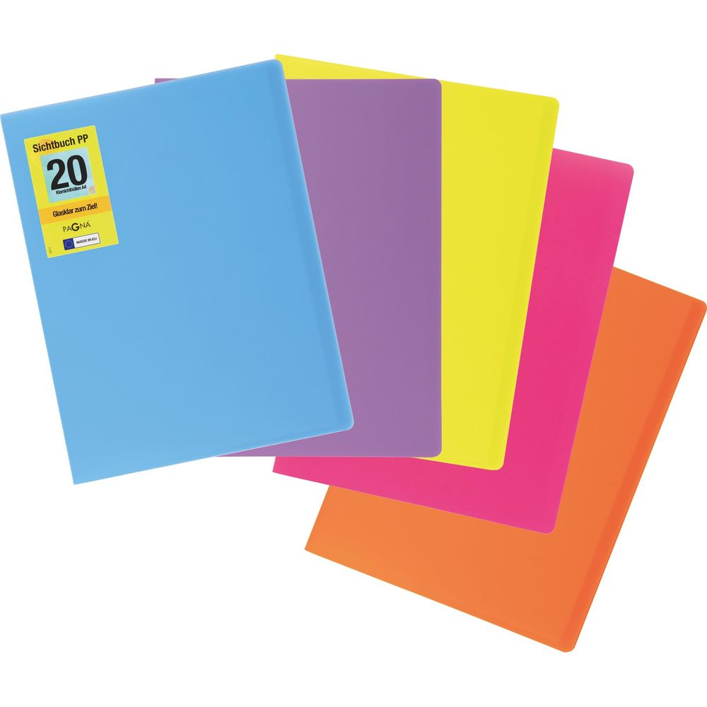 Pięć kolorowych segregatorów PP z żółtą naklejką na niebieskim segregatorze.